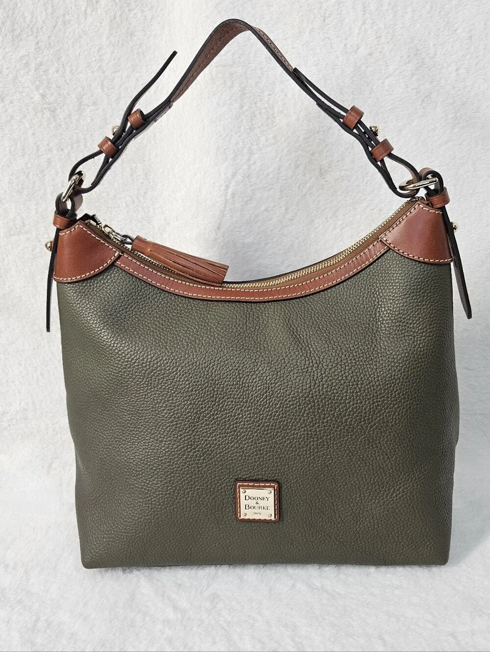 Dooney & Bourke Olive Green Pebble Leather Hobo with Brown Trim